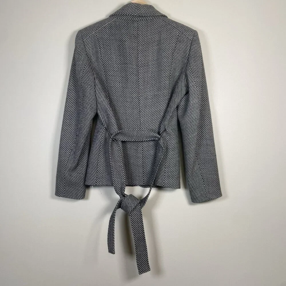 Talbots Blazer Jacket Women's 6 Black & White Striped Tie Waist‎ Notch Lapel